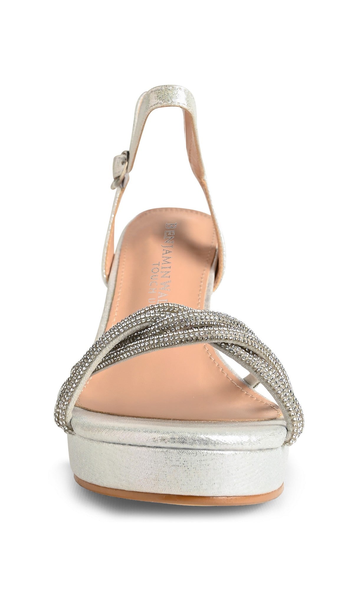 Front view of Tyler Silver Prom Shoes: Touch Ups 4759—a silver open-toe sandal with a low platform block heel, ankle strap, and crystal embellished front strap, perfect for prom.